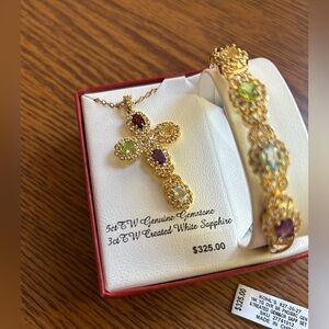 Elegant Gold Gemstone Necklace and Bracelet Set 18K Gold Plated NWT $325